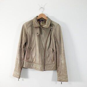 Ted Baker‎ Jacket Womens 2 XS Tan Cropped Leather Moto Biker Riding Fitted $420